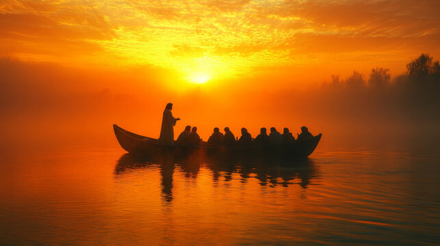 a silhouette of jesus standing on the boat with his disciples in the water, 