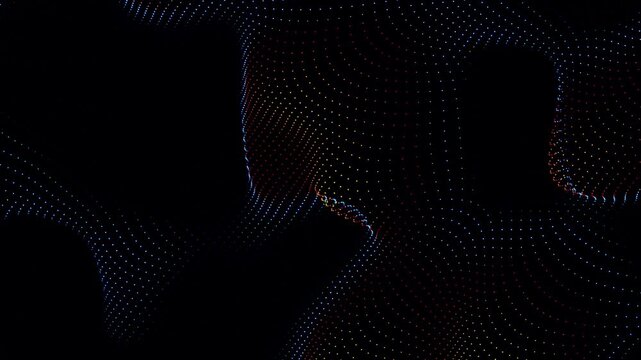 Abstract 3D wave mesh composed of thousands of tiny glowing colored dots forming fluid undulating patterns on a black background in digital motion