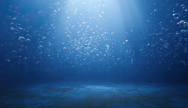 Sunlit underwater scene with rising bubbles and textured seabed