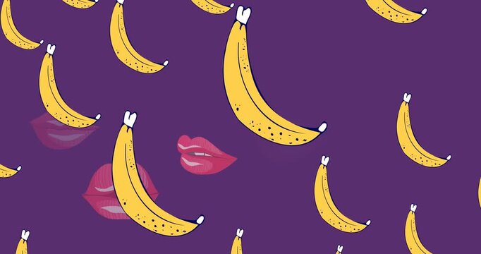 Animation of lips and banana icons over purple background