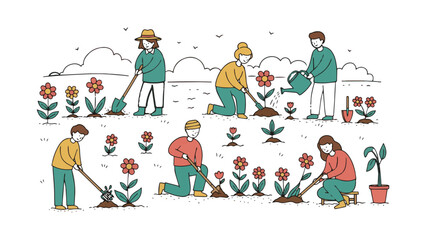 Fototapeta premium Happy Family Gardening Together in Backyard – Flat Vector Illustration, Perfect for Education, Parenting, Environment, and Lifestyle Content