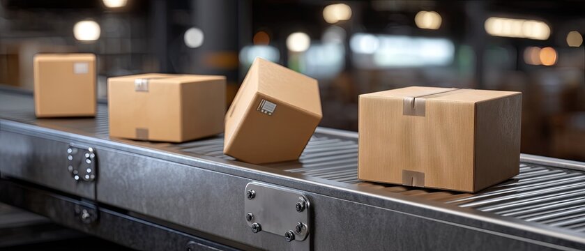 Conveyor belt operates with cardboard boxes moving through a warehouse in a detailed and high-quality scene captured with a Nikon Z9 camera