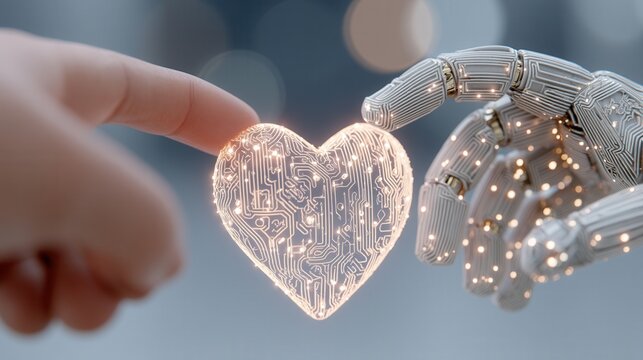 Future valentine's day. robot hand human hand glowing heart digital heart cyber love future valentine technology romance human robot connection artificial intelligence innovation future valentine