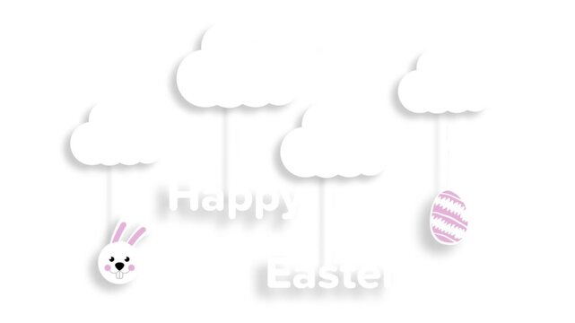 Animation of happy easter text with clouds, egg and bunny on white background