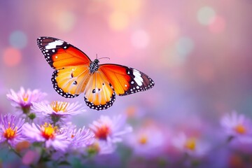 Obraz premium Butterfly landing on pastel flower background during a sunny day Generative AI