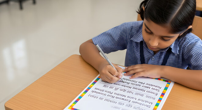 Young Indian Girl Student Writing on Paper at Desk in School Cla