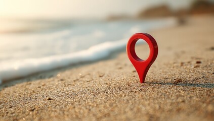 Obraz premium Red map pin on sandy beach with gentle waves