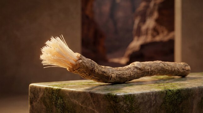Natural Miswak Peelu Toothbrush Stick on Stone Podium Organic Dental Care Concept