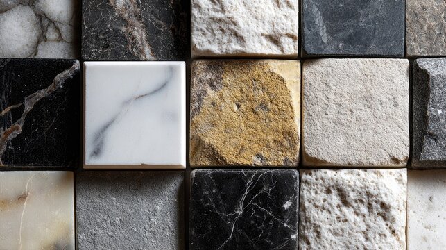Varied stone squares create a textured, neutral-toned tiled mosaic
