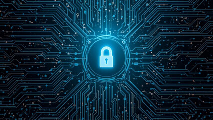 Secure digital circuit board with glowing lock icon