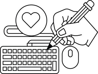 Fototapeta premium A hand is writing on a keyboard with a pencil