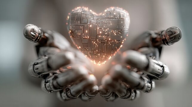 Future valentine's day. robot hand heart circuit metal future valentine technology love cyber robotic hand hold glowing metal circuit heart symbol future valentine hope and gentle innovation