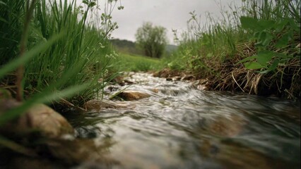 Stream Flowing Through Green Meadow