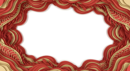 Chinese New Year decorative paper cut frame with red layered ornaments and clean white center space