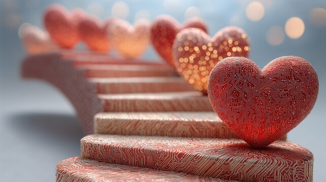 Future valentine's day. valentine heart romance love future digital technology circuit glowing stair abstract 3d valentine heart romance love future digital technology circuit glowing stair bridge