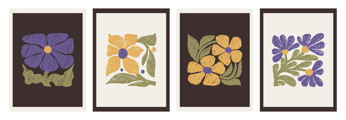 Matisse Botanical Hand Drawn Set of Flowers with Organic Shapes and Vintage Sketchy Hatching. Vector illustration. Isolated Contemporary Aesthetic Vertical Posters on Light and Black