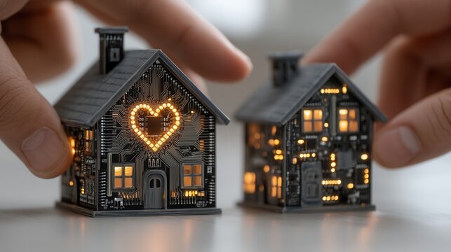 Future valentine's day. smart home model heart future circuit house technology love valentine glow light romance fantasy concept, cozy connection promise for bright valentine future