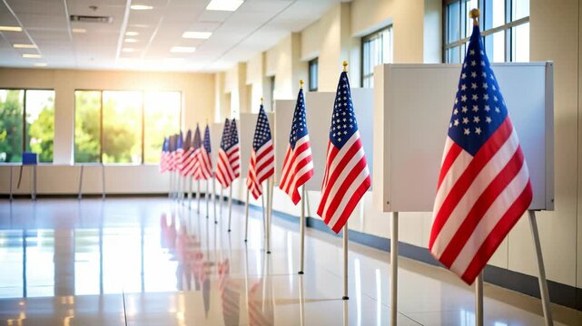 American flags line a hallway leading to voting booths during an election.