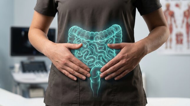 Digital visualization of human intestines overlayed on a person's abdomen in a clinic with copy space for medical diagnosis concept.