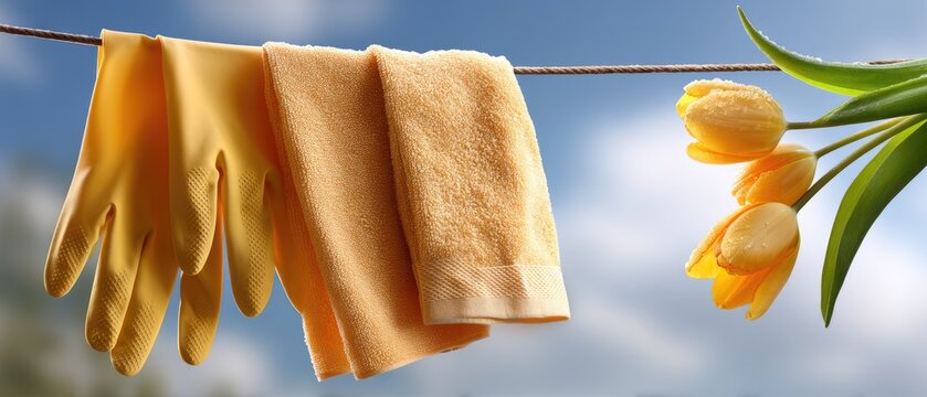 Cleaning gloves and handkerchief hang on clothesline near tulip blooms in bright sky to promote housework for spring season