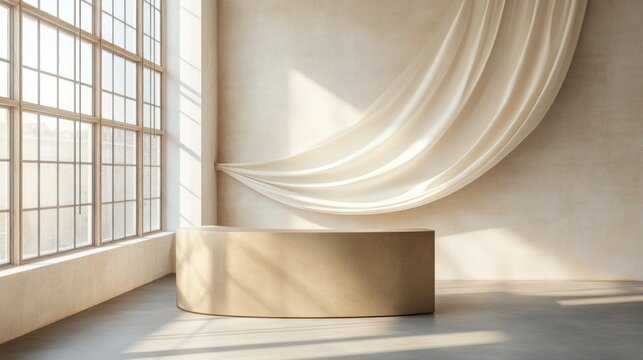 Beige room with curved counter, flowing fabric, and large window