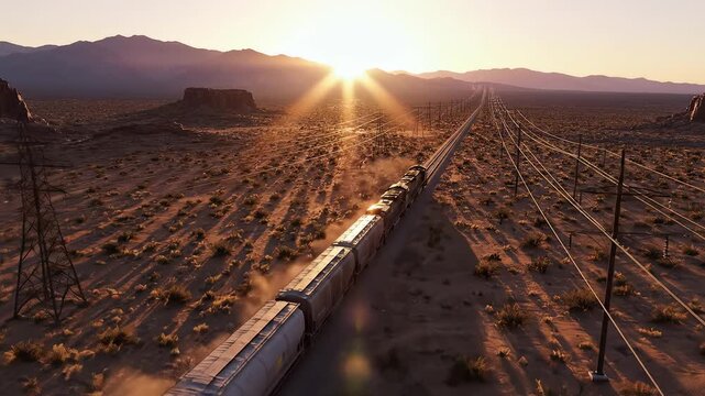 Train in desert at sunset