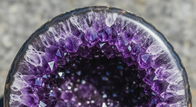 Stunning Amethyst Geode Macro Detail: Close-up of Vibrant Purple Quartz Crystals and Mineral Structure, Gemstone Healing and Geology Background Texture