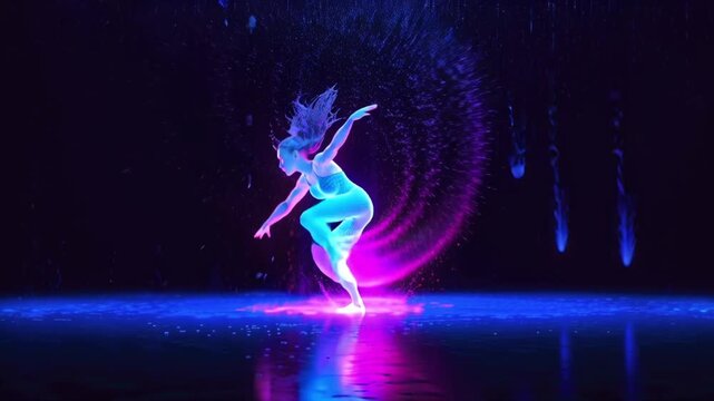 4K cinematic video, futuristic dancer performing contemporary dance dark abstract studio, every movement creates glowing neon water splashes streams, electric blue teal violet color palette, droplets