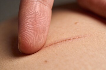 Fototapeta premium Human finger touching a superficial, reddish healing scar on fair skin in a macro close-up for dermatology and trauma recovery concept.