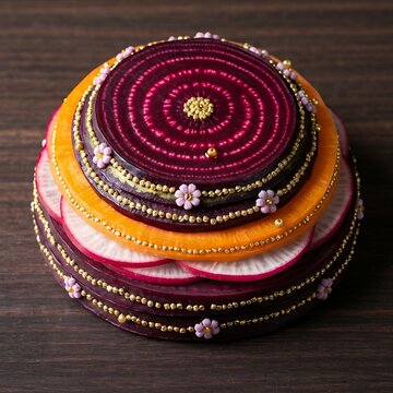 Hand-Carved Vegetable Mandeville: layered slices of beet, radish, and carrot in deep purple and warm gold. Surface decorated with seed embroidery, gold oil, and micro-flower beads. Rests on a dark woo