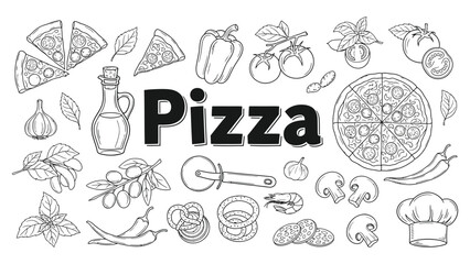 Delicious black and white outline illustration set featuring various pizza ingredients and tools