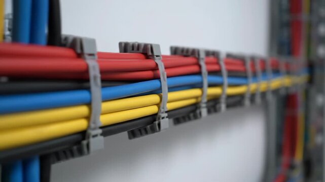 Neatly bundled electrical cables with colorful insulation secured by ties on a metal frame. Industrial power supply, data network wiring and telecommunication connectivity