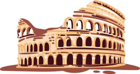Naklejka premium Roman Colosseum landmark in Rome Italy. Ancient amphitheater with arches, stone facade, historic structure, hand drawn style. Colosseum travel icon, cartoon vector illustration.