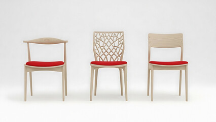 Fototapeta premium Three modern wooden chairs with red cushions stand in a row against a clean white background, showcasing their unique designs and craftsmanship.