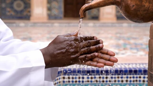 Close up of hands performing wudu ablution with water from a traditional copper kettle. Islamic ritual purification before prayer. Washing hands in a mosque courtyard