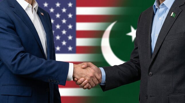 Business professionals shaking hands with the blurred flags of the United States and Pakistan displayed prominently in the background symbolizing bilateral relations and diplomacy