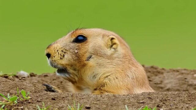 A small, curious rodent peers out from a burrow in the earth