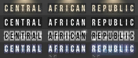 Obraz premium central african republic airport split flap display title set with the word central african republic spelled across flipboard tiles includes four different board styles