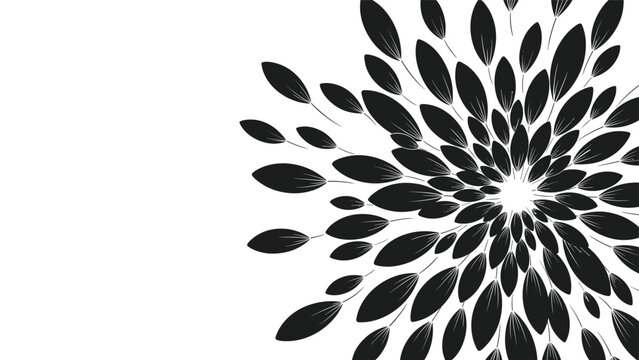 Abstract black and white illustration of leaves arranged in a radial circular pattern creating a floral or sunburst effect on a clean white background.