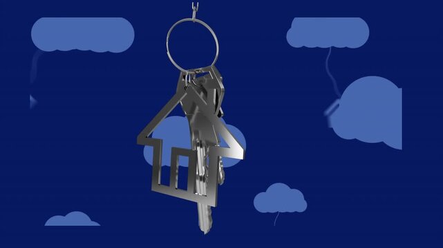 Animation of hanging house keys and digital icons tied to cloud icons on blue background