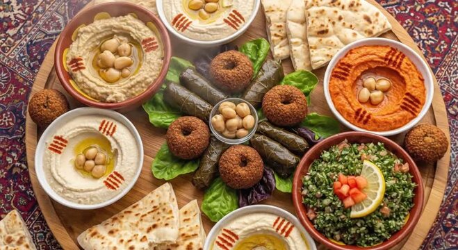 Middle Eastern mezze platter with hummus, falafel, and pita bread
