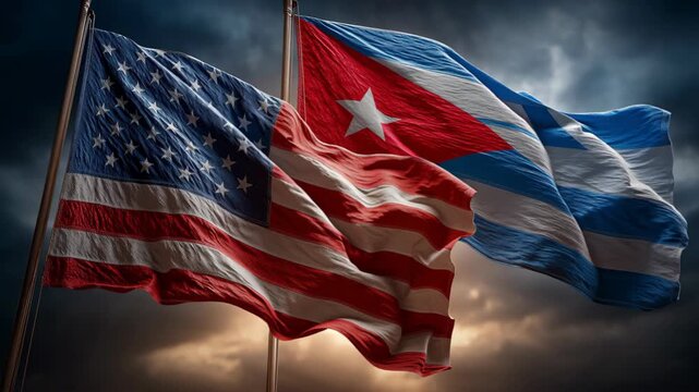 Cultural exchange event flags of cuba and usa outdoor setting photographic display historical significance