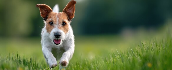 dog sprinting joyfully through a lush verdant field outdoors