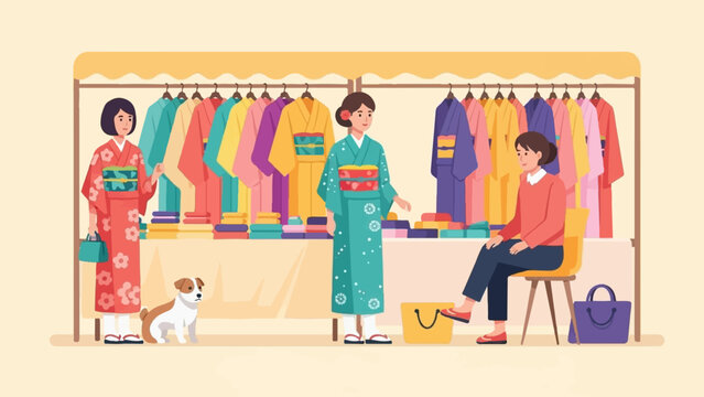 Diverse individuals peruse colorful kimonos at a vibrant market stall