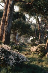 Fototapeta premium Forest path winding through blooming wildflowers and trees