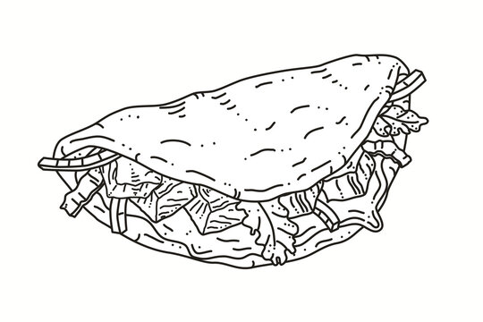 Hand drawn fusion taco sandwich in flatbread, stuffed with meat, vegetables and sauce. Black and white line art shawarma kebab wrap illustration for street food menu, logo, packaging, fast food design