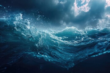Fototapeta premium Turbulent ocean waves crash under a dramatic, cloudy sky