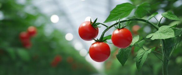 Obraz premium lush tomato vines laden with vibrant ripe fruit thriving in a sunny commercial greenhouse