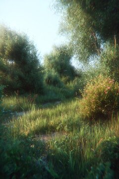 Winding path through lush green forest meadow
