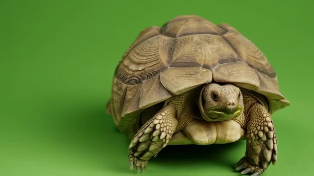 A tortoise poses against a vibrant green backdrop